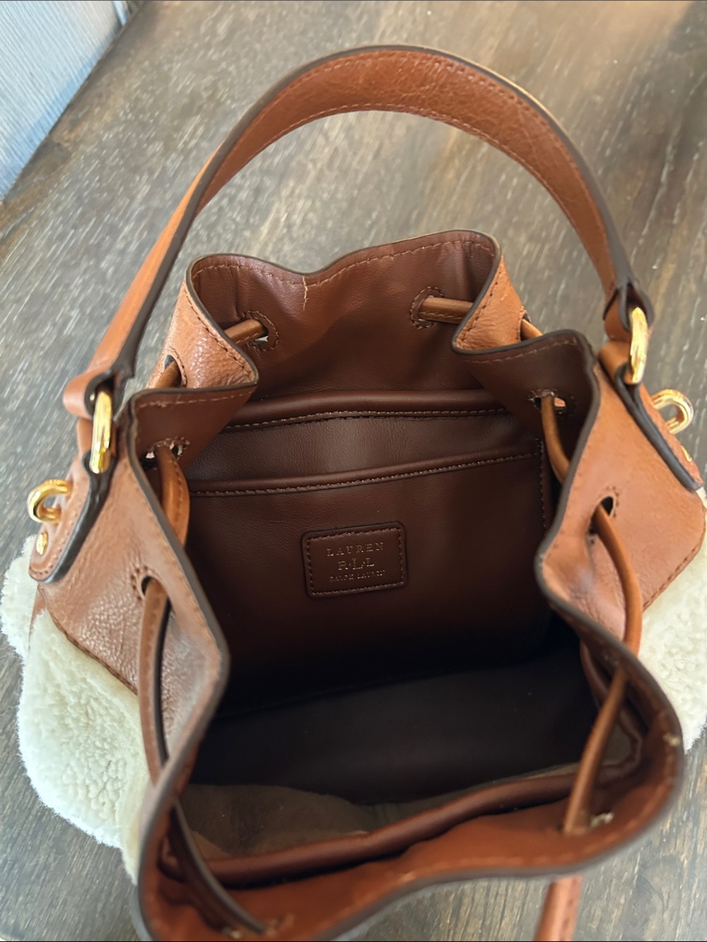 Vintage Lauren Ralph Lauren Cream Sherpa & Brown Leather Drawstring Bucket Bag - Picture 6 of 14